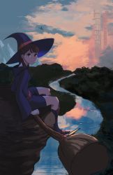 Rule 34 | 1girl, absurdres, broom, broom riding, brown hair, cliff, hat, highres, kagari atsuko, little witch academia, looking at viewer, outdoors, red eyes, reflection, river, school uniform, sitting, smile, solo, subu art, tower, witch, witch hat