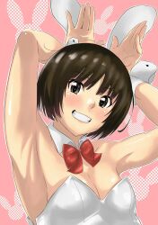 Rule 34 | 1girl, amagami, animal ears, armpits, arms up, blush, bow, bowtie, breasts, brown eyes, brown hair, chinese zodiac, cleavage, close-up, collar, commentary, detached collar, fake animal ears, grin, hair strand, hands up, highres, jishaku (user rcuz2843), leotard, looking at viewer, playboy bunny, presenting armpit, rabbit ears, rabbit pose, rabbit symbol, red bow, red bowtie, short hair, small breasts, smile, solo, strapless, tachibana miya, upper body, white collar, white leotard, wrist cuffs, year of the rabbit