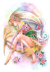 Rule 34 | 1girl, bare legs, bare shoulders, barefoot, brown eyes, brown hair, face, flower, gradient hair, hair flower, hair ornament, hairband, japanese clothes, japanese mythology, kushinada-hime, long hair, low-tied long hair, moru marian, multicolored hair, niwaneko moru, original, solo, traditional media, wheat, yellow eyes