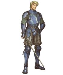 Rule 34 | 1boy, amiba (nerdamiba), armor, beowolf (fire emblem), blonde hair, blue armor, blue footwear, fire emblem, fire emblem: genealogy of the holy war, fire emblem heroes, full body, green pants, highres, holding, holding sword, holding weapon, looking at viewer, male focus, nintendo, pants, smile, solo, sword, weapon