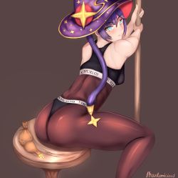 Rule 34 | 1girl, absurdres, alternate costume, ass, bare shoulders, blue eyes, blush, breasts, chair, from behind, genshin impact, hair ornament, hat, highres, long hair, looking at viewer, mona (genshin impact), pantyhose, phantomicious, pole, purple hair, shiny, shiny clothes, shiny hair, shiny skin, sideboob, sitting, solo, twintails, very long hair
