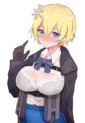 Rule 34 | 1girl, belt, black bra, black gloves, black jacket, blonde hair, blue belt, blue bow, blue bowtie, blue eyes, blue skirt, blush, bow, bowtie, bra, breasts, buckle, collared shirt, commentary request, frown, girls&#039; frontline, gloves, hair between eyes, hair ornament, highres, index finger raised, jacket, ku7ni, large breasts, long sleeves, looking at viewer, magazine (weapon), no mole, nose blush, open clothes, open jacket, see-through, shirt, shirt tucked in, short hair, sidelocks, simple background, skirt, snap-fit buckle, snowflake hair ornament, solo, standing, striped bow, striped bowtie, striped clothes, striped neckwear, underbust, underwear, upper body, vsk-94 (girls&#039; frontline), wet, wet clothes, white background, white shirt