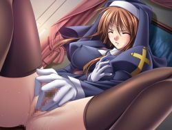 Rule 34 | 1girl, grabbing another&#039;s breast, breasts, brown hair, censored, cross, closed eyes, female masturbation, fingering, game cg, gloves, grabbing, hood, masturbation, nun, otome 2, pussy, pussy juice, riddle soft, solo, sweat, thighhighs, valeria opuryenchia, yamamoto kazue