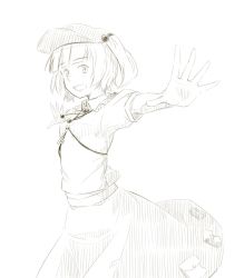 Rule 34 | 1girl, blunt bangs, hair bobbles, hair ornament, hat, kawashina (momen silicon), kawashiro nitori, key, looking at viewer, monochrome, open mouth, outstretched arms, pocket, short hair, simple background, smile, solo, spread arms, touhou, two side up, white background