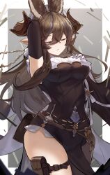 Rule 34 | 1girl, animal ears, arm up, black dress, brown hair, closed eyes, commentary request, commission, cowboy shot, dress, elbow gloves, extra ears, galleon (granblue fantasy), gloves, granblue fantasy, grey hair, hair between eyes, highres, horns, kurowa (curowa), long hair, multicolored hair, open mouth, pelvic curtain, pixiv commission, pointy ears, solo, streaked hair, thigh strap, very long hair, white gloves