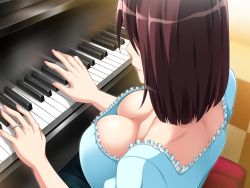 Rule 34 | 1girl, breasts, brown hair, butcha-u, checkered floor, cleavage, closed mouth, from above, game cg, indoors, instrument, jewelry, large breasts, music, naruse kumiko, original, piano, playing, playing instrument, ring, shinyuu no haha kumiko, short hair, sitting, solo, stool, wedding ring