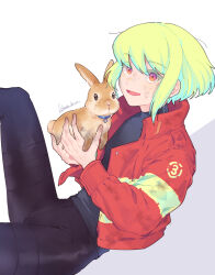 Rule 34 | 1boy, androgynous, animal, artist name, collar, commentary, cropped legs, dirty, dirty face, green hair, high collar, highres, holding, holding animal, jacket, kome 1022, leather, leather pants, lio fotia, looking at viewer, multicolored eyes, open clothes, open jacket, open mouth, pants, promare, rabbit, red jacket, shirt, short hair, sidelocks, simple background, smile, sweatdrop, swept bangs, white background