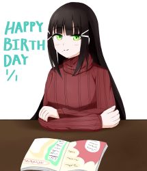 Rule 34 | 1girl, aqua eyes, artist name, artist request, black hair, blunt bangs, book, crossed arms, elbow on table, female focus, green eyes, hair ornament, hairclip, hime cut, kurosawa dia, long hair, long sleeves, looking at viewer, love live!, love live! sunshine!!, mole, mole under mouth, red sweater, solo, sweater, table, upper body, white background