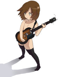 Rule 34 | 00s, 1girl, black thighhighs, brown hair, electric guitar, face, flat chest, gibson sg, guitar, hirasawa yui, instrument, k-on!, nude, pu-chin, short hair, simple background, solo, thighhighs, white background