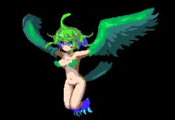 Rule 34 | 1girl, ahoge, animated, animated gif, black background, blue eyes, blush stickers, breasts, claws, flying, green hair, harpy, lowres, magic castle re pure aria, monster girl, pixel art, solo, tail, winged arms, wings, yomitim