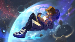 Rule 34 | 1boy, asteroid, black panties, blue eyes, brown hair, character request, check character, drawstring, floating, full body, gloves, glowing, highres, hood, hooded jacket, jacket, kagamine len, looking at object, lower teeth only, male focus, okano dei, panties, short hair, short ponytail, shorts, solo, space, star (sky), teeth, underwear, vocaloid, white footwear, white gloves, white shorts, zipper pull tab