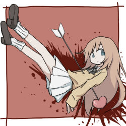 Rule 34 | 1girl, arms at sides, arrow (projectile), black ribbon, blood, blood splatter, blue eyes, border, brown footwear, brown hair, closed mouth, collared shirt, expressionless, from side, heart, heart arrow, impaled, legs up, loafers, long hair, long sleeves, looking at viewer, looking to the side, neck ribbon, original, outside border, pleated skirt, red background, ribbed socks, ribbon, shirt, shoes, simple background, skirt, socks, solo, sweater, umi ha kirai, white border, white shirt, white skirt, white socks, yellow sweater