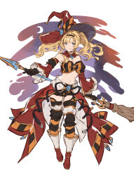 Rule 34 | 1girl, blonde hair, blue eyes, boots, broom, commentary, detached collar, detached sleeves, granblue fantasy, hat, highres, holding, holding broom, holding polearm, holding weapon, polearm, pumpkin mask, shimatani azu, smile, stomach, thigh boots, thighs, twintails, weapon, witch hat, zeta (granblue fantasy)