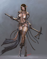 Rule 34 | 1girl, absurdres, armor, artist name, asymmetrical legwear, bare shoulders, between breasts, bikini, boots, breasts, brown gloves, brown hair, brown thighhighs, collarbone, covered erect nipples, crossed legs, elf, eyelashes, faulds, female focus, full body, gauntlets, gloves, gradient background, green eyes, highleg, highleg bikini, highres, holding, holding weapon, leather, leather boots, long hair, nose, original, parted lips, pink lips, pointy ears, solo, sonacia, standing, strap, strap gap, string bikini, swept bangs, swimsuit, teeth, thigh boots, thigh gap, thigh strap, thighhighs, uneven legwear, war hammer, warhammer, watson cross, weapon, weapon on back, white bikini