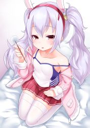 Rule 34 | 1girl, animal ears, azur lane, bed sheet, blush, breasts, camisole, collarbone, fingernails, fur-trimmed jacket, fur trim, grey hair, hair between eyes, hair ornament, hairband, heart, highres, holding, jacket, kirisame mia, laffey (azur lane), lap pillow invitation, long sleeves, looking at viewer, mimikaki, open clothes, open jacket, parted lips, patting lap, pink jacket, pleated skirt, rabbit ears, red eyes, red hairband, red skirt, revision, seiza, sitting, skirt, sleeves past wrists, small breasts, smile, solo, strap slip, thighhighs, twintails, white camisole, white thighhighs