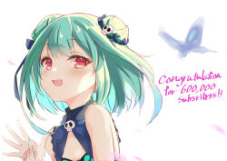 Rule 34 | 1girl, bare shoulders, blue ribbon, blush, bug, butterfly, cleavage cutout, clothing cutout, commentary request, congratulations, double bun, english text, fang, green hair, hair bun, hair ornament, hair ribbon, hands up, highres, hololive, insect, jewelry, looking at viewer, open mouth, red eyes, ribbon, short hair, sidelocks, simple background, skin fang, skull brooch, skull hair ornament, sleeveless, smile, solo, toshizou (0714), upper body, uruha rushia, uruha rushia (1st costume), virtual youtuber, white background