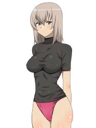 Rule 34 | 10s, 1girl, arms behind back, black shirt, blue eyes, blush, breasts, closed mouth, covered erect nipples, cowboy shot, female focus, girls und panzer, highres, impossible clothes, impossible shirt, itsumi erika, kagemusha, large breasts, light frown, long hair, looking at viewer, one-piece swimsuit, purple one-piece swimsuit, rash guard, shiny skin, shirt, short sleeves, silver hair, simple background, smile, solo, standing, swimsuit, white background