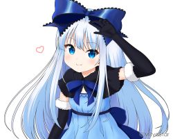 Rule 34 | 1girl, aizawa rei, arm up, black capelet, black gloves, blue bow, blue dress, blue eyes, blue hair, blush, bow, capelet, closed mouth, commentary request, dress, elbow gloves, fur-trimmed gloves, fur trim, gloves, hair between eyes, hair bow, long hair, looking at viewer, microsoft, mitya, silverlight, simple background, smile, solo, twitter username, very long hair, white background