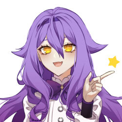 Rule 34 | 1girl, bow, commentary request, hair between eyes, hand up, highres, honkai (series), honkai impact 3rd, kucen (kkucenn), long hair, long sleeves, puffy long sleeves, puffy sleeves, purple bow, purple hair, shirt, signature, simple background, sirin, solo, star (symbol), upper body, white background, white shirt, yellow eyes