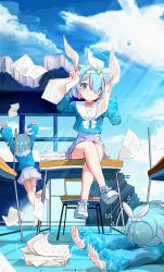 Rule 34 | 3girls, arms up, arona (blue archive), blue archive, blue eyes, blue hair, blue shirt, blue sky, broken wall, cloud, commentary, crossed legs, day, desk, hair ribbon, hairband, highres, long sleeves, lying, multiple girls, multiple persona, on desk, on floor, on stomach, outdoors, pleated skirt, puffy long sleeves, puffy sleeves, ribbon, sailor collar, school desk, school uniform, serafuku, shirt, shoe soles, shoes, sitting, on desk, skirt, sky, speed lines, white footwear, white hairband, white ribbon, white sailor collar, white skirt, window, yukikochenk