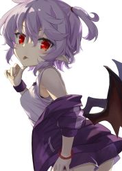 Rule 34 | 1girl, akisome hatsuka, alternate costume, bare shoulders, bat wings, breasts, closed mouth, cowboy shot, jacket, looking at viewer, medium breasts, one side up, pointy ears, purple hair, purple jacket, red eyes, remilia scarlet, short hair, simple background, solo, standing, tongue, tongue out, touhou, white background, wings
