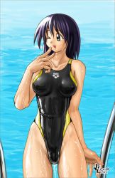 Rule 34 | arena (company), cameltoe, competition swimsuit, covered erect nipples, high cut kingdom, highleg, highleg swimsuit, nipples, nyanko batake, one-piece swimsuit, original, purple hair, swimsuit, wet, wink, yellow eyes