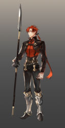 Rule 34 | 1boy, armor, black gloves, black pants, boots, brown eyes, fantasy, full body, gloves, gradient background, greaves, grey background, looking at viewer, male focus, original, pants, polearm, ponytail, red hair, single glove, spear, standing, weapon, zzinp