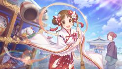 Rule 34 | blue sky, brown eyes, brown hair, hair ornament, happy, japanese clothes, miko, official art, open mouth, princess connect!, robe, shrine, sky, suzume (new year) (princess connect!), suzume (princess connect!)