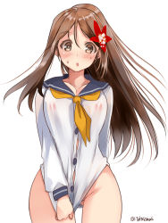 Rule 34 | 1girl, alternate costume, amagi (kancolle), blouse, blush, breasts, brown eyes, brown hair, clothes pull, commentary request, cowboy shot, gluteal fold, hair ornament, high ponytail, highres, kantai collection, large breasts, leaf hair ornament, long hair, looking at viewer, mole, mole under eye, neckerchief, nipples, no bra, no panties, one-hour drawing challenge, open mouth, partially visible vulva, pulled by self, school uniform, see-through, serafuku, shirt, shirt pull, sidelocks, solo, sweatdrop, takase muh, thighs, white background, white shirt, wide ponytail, yellow neckerchief