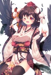 Rule 34 | 1girl, bird wings, black gloves, black hair, black thighhighs, black wings, breasts, fingerless gloves, gloves, hat, highres, japanese clothes, kemo chiharu, kimono, kourindou tengu costume, large breasts, long sleeves, official alternate costume, pointing, pointing at viewer, pointy ears, pom pom (clothes), red eyes, red hat, ribbon-trimmed sleeves, ribbon trim, shameimaru aya, short hair, simple background, solo, thighhighs, tokin hat, touhou, white background, white kimono, wide sleeves, wings