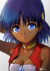 Rule 34 | 1girl, bad id, bad pixiv id, bandeau, bare shoulders, blue eyes, bob cut, bracelet, breasts, cleavage, closed mouth, commentary, dark-skinned female, dark skin, earrings, fushigi no umi no nadia, hair ornament, hairclip, highres, jewelry, looking at viewer, masahito (yomenu), nadia la arwall, neck ring, necklace, purple hair, short hair, solo, strapless, tube top, vest, white bandeau