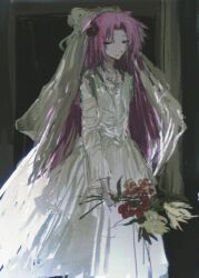 Rule 34 | 1boy, bouquet, bridal veil, bride, closed mouth, commentary, crossdressing, dress, film grain, flower, hatsutori hajime, highres, holding, holding bouquet, jewelry, long hair, long sleeves, male bride, male focus, necklace, parted bangs, pink hair, red eyes, richangid, saibou shinkyoku, smile, solo, symbol-only commentary, trap, veil, wedding dress, white dress, white veil