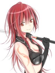 Rule 34 | 1girl, black gloves, blazing heart (elsword), breasts, cleavage, closed mouth, collarbone, crop top, elesis (elsword), elsword, from side, gloves, holding, holding sword, holding weapon, long hair, looking at viewer, looking to the side, moyashi (rina), red eyes, red hair, small breasts, smile, solo, sword, weapon, white background