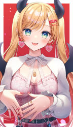 Rule 34 | 1girl, :d, blonde hair, blush, breasts, cleavage, commentary request, demon girl, demon horns, demon wings, dress, earrings, fingernails, green eyes, hair ornament, hairclip, head tilt, heart, heart earrings, highres, hololive, horns, jewelry, lock, long fingernails, long hair, long sleeves, looking at viewer, medium breasts, momoshiki tsubaki, nail polish, open mouth, padlock, pink dress, pink nails, puffy long sleeves, puffy sleeves, red background, red nails, resolution mismatch, sharp fingernails, shrug (clothing), smile, solo, source smaller, twintails, two-tone background, upper body, very long hair, virtual youtuber, white background, wings, x hair ornament, yuzuki choco