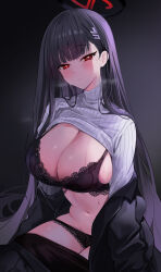 Rule 34 | 1girl, absurdres, black background, black bra, black hair, black jacket, black panties, black pantyhose, black suit, blue archive, blunt bangs, bra, breasts, bright pupils, cleavage, clothes lift, clothes pull, commentary, formal, gradient background, hair behind ear, hair ornament, hairclip, halo, highres, jacket, jacket partially removed, lace, lace-trimmed bra, lace-trimmed panties, lace trim, large breasts, long hair, navel, off shoulder, panties, pantyhose, pantyhose pull, red eyes, ribbed sweater, rio (blue archive), shirt lift, sideboob, sitting, solo, stomach, suit, sweat, sweater, symbol-only commentary, turtleneck, turtleneck sweater, underwear, very long hair, white sweater, yuki (asayuki101)