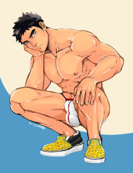 Rule 34 | 1boy, bara, black hair, blue eyes, bulge, closed mouth, gakei3, hand on own face, hand rest, loafers, looking at viewer, male focus, male underwear, muscular, muscular male, nipples, nude, original, pectorals, shoes, short hair, squatting, two-tone background, underwear, white male underwear, yellow footwear