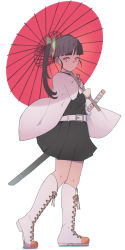 Rule 34 | 1girl, belt, belt buckle, black hair, black jacket, black skirt, blunt bangs, boots, buckle, butterfly hair ornament, closed mouth, commentary request, cross-laced footwear, full body, hair ornament, holding, holding umbrella, jacket, katana, kimetsu no yaiba, knee boots, lace-up boots, long hair, long sleeves, looking at viewer, oil-paper umbrella, pink eyes, pleated skirt, sheath, sheathed, side ponytail, simple background, skirt, solo, standing, sword, tostos, tsuyuri kanao, umbrella, weapon, white background, white footwear