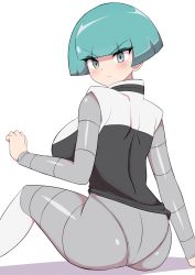 Rule 34 | 1girl, absurdres, aqua eyes, aqua hair, ass, blush, bodysuit, breasts, creatures (company), dress, from behind, frown, game freak, highres, jaga334, large breasts, looking at viewer, nintendo, pokemon, pokemon dppt, shiny clothes, short dress, short hair, sideboob, sitting, skin tight, solo, team galactic, team galactic grunt