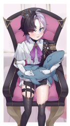 Rule 34 | 1girl, absurdres, black footwear, black hair, blue eyes, blush, bobbq, boots, crown, eyes visible through hair, flat chest, gloves, heterochromia, highres, idol corp, ikea shark, jewelry, looking at viewer, multicolored hair, purple hair, red eyes, ribbon, rin penrose, ring, short hair, sitting, solo, split-color hair, stuffed animal, stuffed shark, stuffed toy, thigh boots, throne, tongue, tongue out, two-tone hair, two-tone shirt, virtual youtuber, white hair