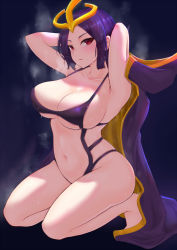 Rule 34 | 1girl, arched back, armpits, arms behind head, barefoot, blue background, breasts, circlet, coat, collarbone, gradient background, highres, kneeling, large breasts, league of legends, leblanc (league of legends), long hair, looking at viewer, midriff, mixed-language commentary, navel, one-piece swimsuit, pao mian+dan, parted lips, purple coat, purple hair, purple one-piece swimsuit, red eyes, removing coat, solo, steam, sweat, swimsuit, thighs, tsurime