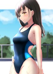 Rule 34 | 1girl, absurdres, black hair, blue one-piece swimsuit, blue sky, brown eyes, cloud, competition swimsuit, covered navel, cowboy shot, fence, hand on own hip, highres, idolmaster, idolmaster cinderella girls, jj (zero rin7), long hair, mole, mole under eye, one-piece swimsuit, profile, sky, smile, solo, sunazuka akira, swimsuit, two-tone swimsuit