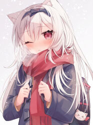 Rule 34 | 1girl, animal ear fluff, animal ears, backpack, bag, bag charm, black bow, black hairband, black jacket, blush, bow, breath, cat ears, charm (object), commentary request, fringe trim, grey background, hair between eyes, hairband, highres, holding strap, jacket, long sleeves, one eye closed, original, parted lips, red eyes, red scarf, ringouulu, scarf, simple background, snowing, solo, twitter username, upper body, white hair