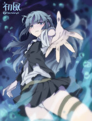 Rule 34 | 10s, 1girl, air bubble, blue eyes, blue hair, bubble, character name, foreshortening, hatsukaze (kancolle), highres, kantai collection, long hair, looking at viewer, matching hair/eyes, panties, pantyshot, reaching, reaching towards viewer, silver hair, sinking, skirt, solo, super zombie, tears, thigh strap, twitter username, underwater, underwear, upskirt, white panties