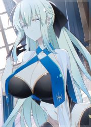 Rule 34 | 1girl, blonde hair, blue eyes, breasts, cleavage, commentary request, eyelashes, eyes visible through hair, fate/grand order, fate (series), gloves, hair between eyes, hair ribbon, large breasts, long hair, looking at viewer, morgan le fay (fate), nogi (acclima), ribbon, sitting, solo