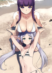 Rule 34 | 2girls, alternate costume, armpits, arms behind head, beach, bikini, blunt bangs, breast shadow, breasts, cleavage, collarbone, commentary, elf, english commentary, fern (sousou no frieren), frieren, from above, front-tie bikini top, front-tie top, green eyes, grey hair, highres, lap pillow, large breasts, long hair, looking at viewer, multiple girls, navel, ocean, outdoors, parted bangs, pointy ears, purple eyes, purple hair, shadow, sitting, small breasts, sousou no frieren, stomach, string bikini, striped bikini, striped clothes, sweat, swimsuit, thick eyebrows, twintails, wariza, white bikini, xter