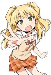 Rule 34 | 10s, 1girl, :d, anbe masahiro, bare legs, blonde hair, blouse, bow, breasts, commentary request, fang, green eyes, hair ornament, hair scrunchie, idolmaster, idolmaster cinderella girls, jougasaki rika, open mouth, outstretched arm, plaid, plaid skirt, school uniform, scrunchie, shadow, shirt, skirt, small breasts, smile, socks, solo, sweater vest, twintails, two side up, v, white background