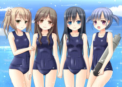 Rule 34 | &gt;:d, 10s, 4girls, :d, arashio (kancolle), asashio (kancolle), black hair, blue eyes, blue one-piece swimsuit, blue sky, blunt bangs, blush, breasts, brown hair, cloud, collarbone, covered navel, day, double bun, green eyes, grey hair, hair bun, hanazome dotera, head tilt, holding, holding another&#039;s arm, holding hands, kantai collection, light brown hair, light smile, lineup, long hair, looking at viewer, michishio (kancolle), multiple girls, ocean, one-piece swimsuit, ooshio (kancolle), open mouth, outdoors, parted bangs, petals, purple eyes, school swimsuit, short hair, short twintails, shy, sidelocks, sky, small breasts, smile, sparkle, standing, swimsuit, torpedo, twintails, ushio (kancolle), v-shaped eyebrows, water, wet, wide hips, yellow eyes