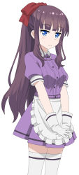 Rule 34 | 1girl, apron, blue eyes, bow, brown hair, cowboy shot, cp9a, dress shirt, gloves, hair bow, long hair, looking at viewer, manga time kirara, miniskirt, new game!, pleated skirt, ponytail, purple shirt, purple skirt, red bow, shirt, short sleeves, simple background, skirt, smile, solo, standing, takimoto hifumi, thighhighs, very long hair, white apron, white background, white gloves, white thighhighs, zettai ryouiki