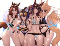 Rule 34 | 4girls, :p, animal ears, arm behind back, arm up, armpits, bikini, black bikini, blue eyes, blue hair, blush, bracelet, breasts, brown hair, cleavage, closed mouth, commentary, commentary request, cowboy shot, daitaku helios (umamusume), eyewear on head, gold city (umamusume), highres, horse ears, horse girl, horse tail, jewelry, large breasts, long hair, looking at viewer, mejiro palmer (umamusume), multicolored hair, multiple girls, navel, necklace, one eye closed, parted lips, shiroshisu, smile, streaked hair, sunglasses, swimsuit, tail, thighs, tongue, tongue out, tosen jordan (umamusume), umamusume, white hair, yellow eyes