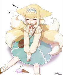 Rule 34 | 1girl, absurdres, animal ears, arknights, artist name, blonde hair, blue skirt, blush, cardigan, crying, flower, food, fox ears, fox girl, fox tail, frilled hairband, frills, hairband, high-waist skirt, highres, ice cream, ice cream cone, ice cream cone spill, kitsune, kushaaaa4, lily of the valley, long hair, long sleeves, multiple tails, name connection, neck ribbon, official alternate costume, open cardigan, open clothes, open mouth, red ribbon, ribbon, shirt, simple background, sitting, skirt, solo, suzuran (arknights), suzuran (spring praise) (arknights), tail, tears, white background, white shirt, yellow cardigan